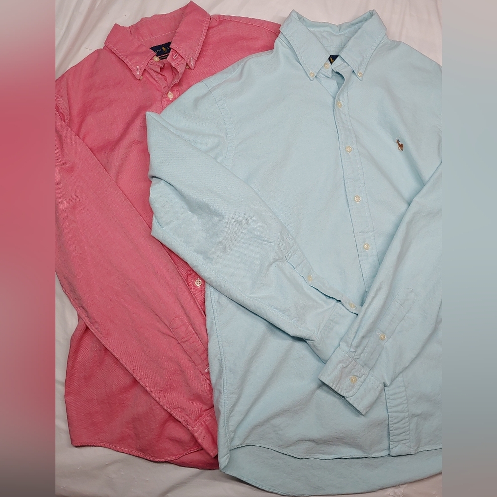 x2 Polo Ralph Lauren Men's Pink and Light Blue Polo Shirts Size Large
